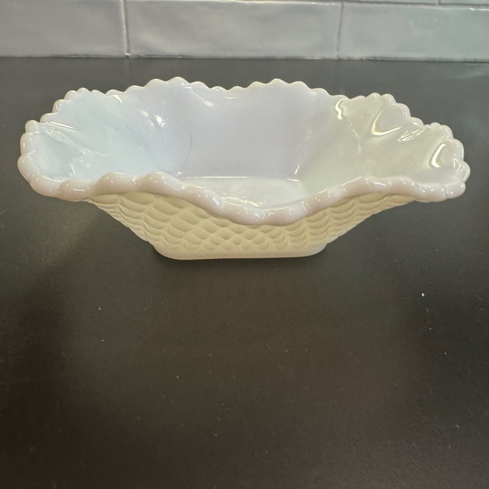 Vintage Milk Glass Bowl 6in White Waffle Weave Crimped Ruffle Edge